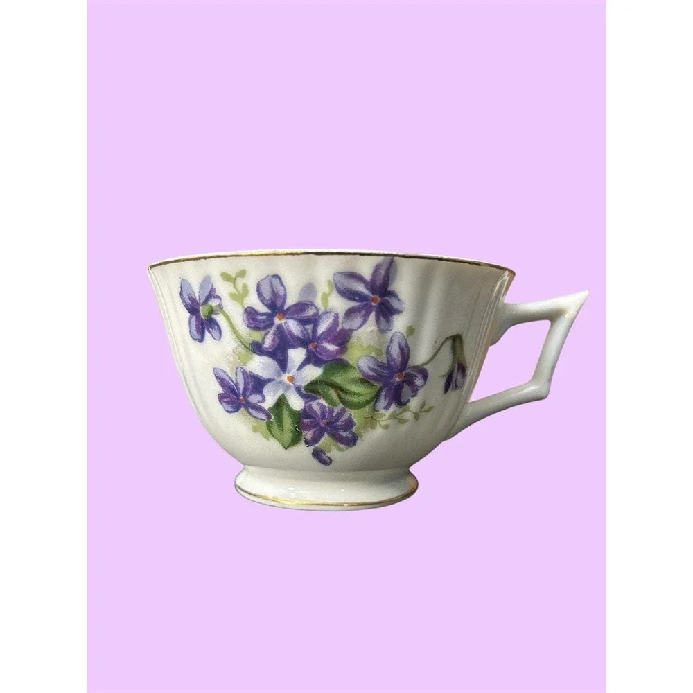 VTG Purple Violet Teacup Saucer Made in Japan Gold Trim Swirl Floral Mid Century